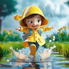 Poster - 3D Rainy Day Character Splashing in a Puddle