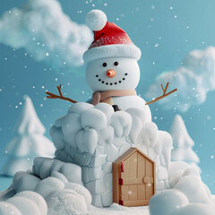 Wall Mural - 3D Snowman Character Building a Snow For