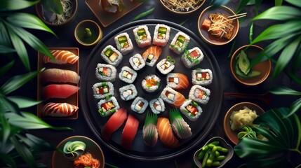 Sticker - Colorful and appetizing sushi platter with various rolls and nigiri on a dark background surrounded by green leaves.  AI