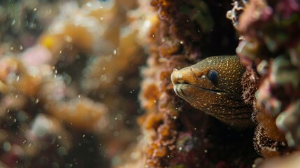 Wall Mural - A moray eel peeks out from a crevice in the ships hull its natural camouflage blending in with the surrounding corals.