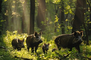 a family of wild boars forages in a sun-dappled forest, their bristly fur catching the light. shadow