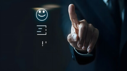 Wall Mural - Businessman touching a virtual screen with a smiley face for a customer service review and experience icon on an isolated black background 