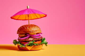 Tropical beach concept made of hamburger and umbrellas. Creative minimal summer idea. Flat lay, top view, copy space