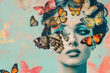 Sticker - Surreal portrait of a woman with butterflies in her hair. Abstract photo in pop art collage style