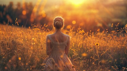 Poster - A woman in a white dress with a yellow flower in her hair, sitting in a field of tall grass, looking at the sunset