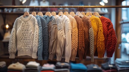 Wall Mural - Row of various knit sweaters in different colors presented on a shop's clothing rack with a blurred background