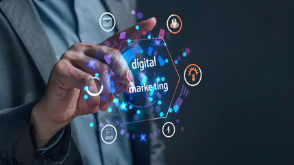 Wall Mural - Businessman touching digital marketing icon with the words digital marketing. Digital technology and online connection platforms for business 