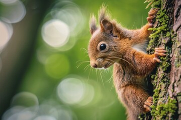 Sweet young red squirrel (sciurus vulgaris) baby on a mossy tree trunk in forest