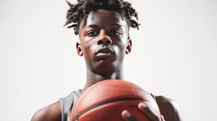 A basketball player holds a basketball