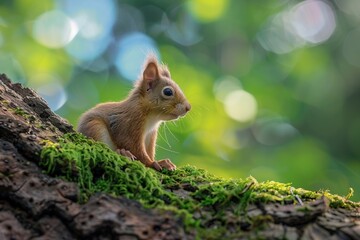 Poster - Sweet young red squirrel (sciurus vulgaris) baby on a mossy tree trunk in forest