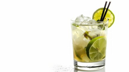 Sticker - Refreshing cocktail with lime and ice in a clear glass on a white background. Simple and modern drink presentation. Perfect for summer parties or bar promotions. Chilled beverage design. AI