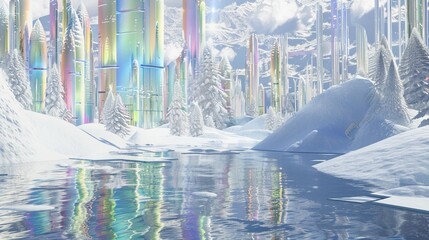 winter scene of a futuristic rainbow shimmering window city with giant luxury towers surrounding a scenic lake, wintry scene covered by large banks of creamy piled snow 