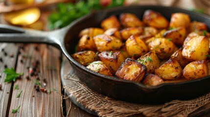 Wall Mural - fried potatoes in a cast iron pan on a wooden table, spicy herbs, spices, delicious recipe, healthy home cooking, cooking school, hobbies