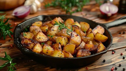 Wall Mural - fried potatoes in a cast iron pan on a wooden table, spicy herbs, spices, delicious recipe, healthy home cooking, cooking school, hobbies