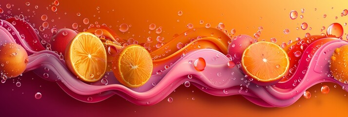 Abstract Orange Slices Splashing in Pink and Orange Liquid
