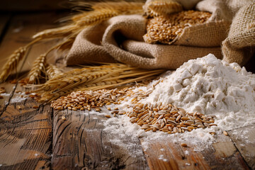 Wheat and flour on a wooden table