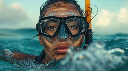 Portrait of a Woman in diving suit and wearing diving gear is swimming in the open ocean 