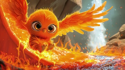 Wall Mural - An adorable orange baby phoenix with fiery wings and large curious eyes, swooping down a fiery slide into a pool of cool, soothing waters.