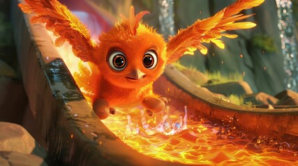 Wall Mural - An adorable orange baby phoenix with fiery wings and large curious eyes, swooping down a fiery slide into a pool of cool, soothing waters.