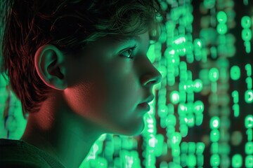 Teenage boy looking to display screen with green matrix code background. Technology, coding, cyber space, video gaming concept