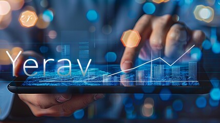 Poster - Business professional using a digital tablet with virtual data graphs. Technology and innovation concept in a modern and sleek style. Ideal for business, finance, or analytics projects. AI