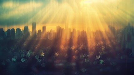 Wall Mural - rays of sunlight pierce through the silhouette of a city skyline creating a dynamic and dramatic sce