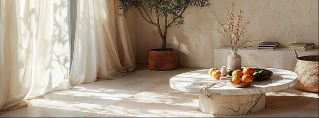 Cozy, cave-like living room with a white marble table, flowing curtains, and lush plants. The beige walls create a warm, inviting atmosphere, bathed in natural sunlight. An elegant stone coffee table