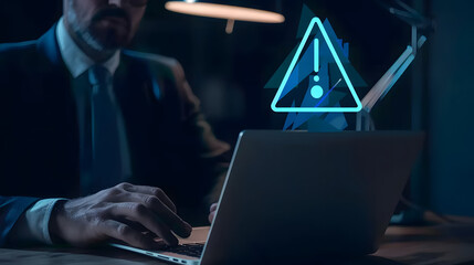 Wall Mural - Businessman using laptop with digital hologram of exclamation mark. blue triangle icon and point sign on dark background 