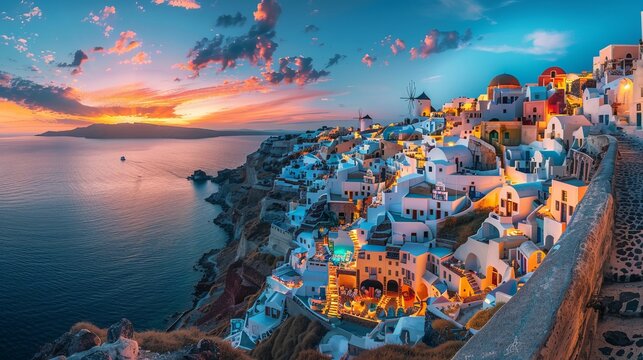 Gorgeous sunset view of a coastal town with vibrant buildings overlooking the sea. Scenic travel destination shot at dusk. Perfect for travel brochures and vacation advertisements. AI