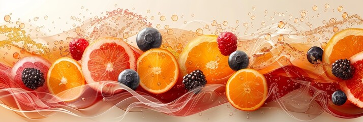 Wall Mural - Vibrant Citrus Fruit and Berries Splashing in Refreshing Liquid