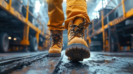 Wall Mural - Worker with safety boots in an industrial environment, foot view, virtual screen blend