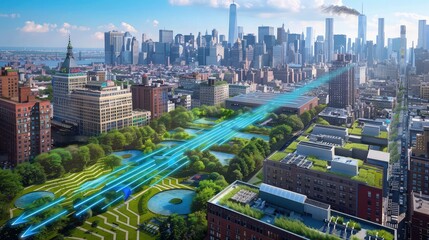 Wall Mural - An urban cityscape with blue and green arrows indicating the movement of clean air through parks and green rooftops, highlighting eco-friendly city planning.