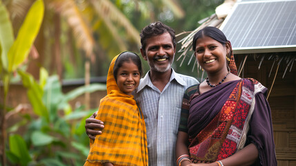 Wall Mural - A smiling family stands proudly beside their home, equipped with a solar panel