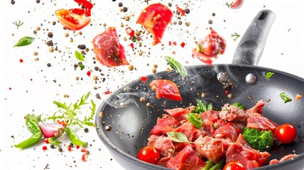 Sticker - Vibrant and dynamic food image. Fresh ingredients including tomatoes, herbs, and spices are tossed in a frying pan. Captures the essence of cooking. Perfect AI