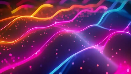 Poster - An abstract image featuring vibrant neon lines in yellow, pink, and blue, flowing in waves over a dark background with scattered pink dots.