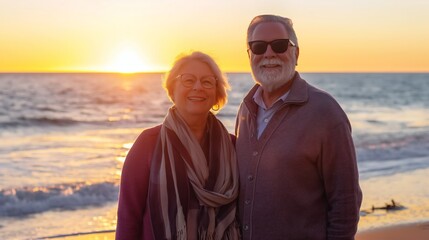 Wall Mural - Happy senior couple standing on the beach at sunset, smiling. 