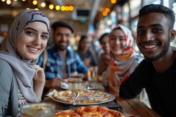 Wall Mural - Multiracial group of friends pose for a photo while sharing a meal together