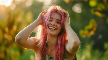 Wall Mural - Beautiful young woman with pink hair smiling and posing, in casual , against the background of nature