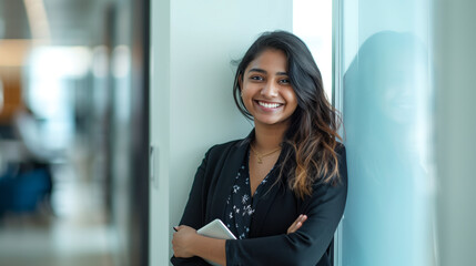 Wall Mural - Beautiful corporate woman smiling in office