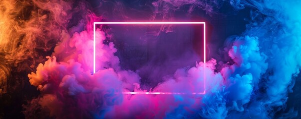 Fototapete - glowing neon frame with colorful smoke, abstract futuristic background. digital art and modern desig