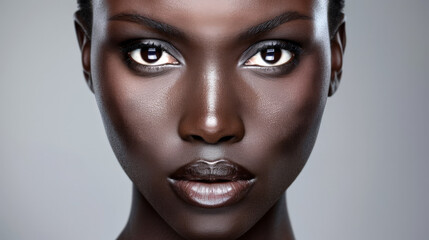 A detailed close-up portrait of an african woman's face showcases her delicate features, including her long eyelashes, perfectly arched eyebrows, flawless skin, luscious lips