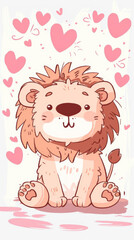 Canvas Print - A cartoon lion with hearts in the background