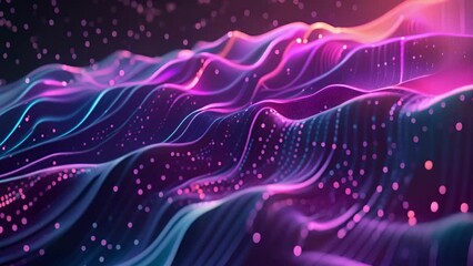 Wall Mural - An abstract background image featuring glowing blue and pink waves with a dark background and scattered particles.