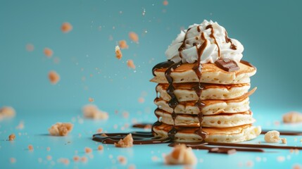 Canvas Print - A stack of pancakes with whipped cream and chocolate syrup