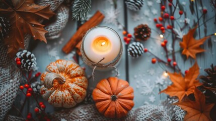 Canvas Print - A candle surrounded by pumpkins and pine cones