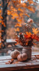 Wall Mural - A vase filled with autumn flowers sitting on top of a wooden table