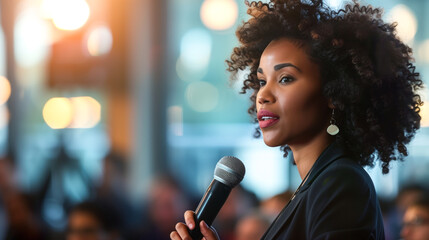 Poster - Corporate woman delivers a speech at a professional conference