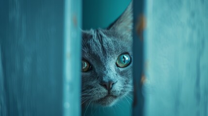 Poster - A gray cat looking out from behind a door