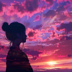 Canvas Print - the silhouette of a woman looking at a sunset, pink and purple clouds, anime