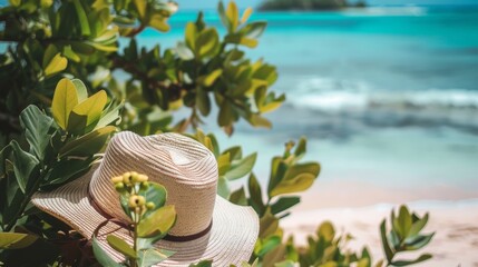 Canvas Print - A straw hat sitting on top of a lush green tree